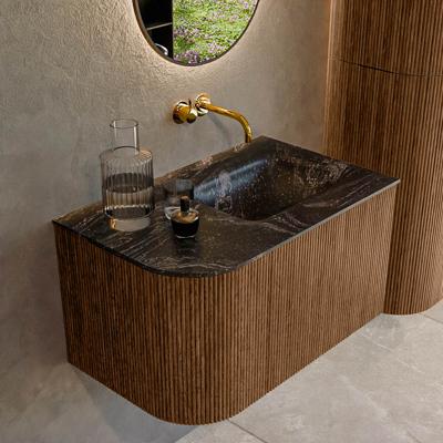 Mondiaz KURVE-DLUX 75 cm Onderkast Greeploos 1 Lade Met Deuren Walnut, Wastafel Solid Surface Rechts Lava 0 Kraangaten Zonder Spiegel (KRVGRU75L1L1D0KR-Wal/Lav)