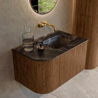 Mondiaz KURVE-DLUX 75 cm Onderkast Greeploos 1 Lade Met Deuren Walnut, Wastafel Solid Surface Rechts Lava 0 Kraangaten Zonder Spiegel (KRVGRU75L1L1D0KR-Wal/Lav)