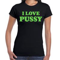 Foute party t-shirt dames - I love pussy - zwart - glitter groen - carnaval/themafeest