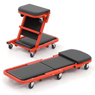 2 in 1 Rolplank Werkplaats Montageplank met 6 Wielen & Gevoerde Zitting tot 160 kg Belastbaar Zwart