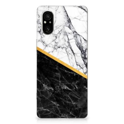 Sony Xperia 5 V | TPU | Siliconen hoesje | Marmer Wit Zwart - Origineel Cadeau Man