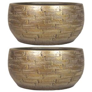 Set van 2x plantenpot/bloempot schaal keramiek glans goud stones patroon - D29/H14 cm