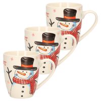 3x stuks kerstmok/wintermok sneeuwpop met zwarte hoed en rode sjaal van poreselein 10 cm