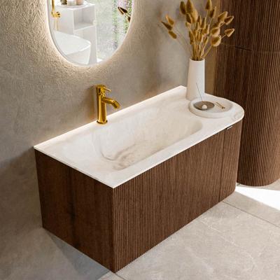 Badmeubel Mondiaz Kurve-Dlux | 95 cm | Meubelkleur Walnut | Wastafelkleur Frappe | Solid surface | Links spoelbak | 1 kraangat