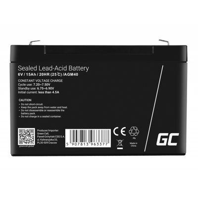 Green Cell Green Cell AGM40 batteria UPS VRLA AGM 6 V 15 Ah (Green Cell AGM VRLA 6V 15Ah ma Loodaccu 6 V 15 Ah Loodvlies (AGM) (b x h x d) 151 x 100 x 94 mm