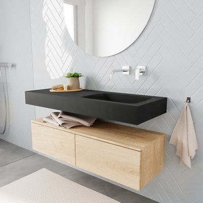 Mondiaz Alan badmeubel 120 cm washed oak 2 lades vrijhangend wastafel rechts zonder kraangat zwart