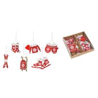 6x stuks houten kersthangers rood/wit wintersport thema kerstboomversiering   -