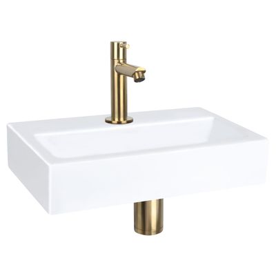 Fonteinset Differnz Flat Keramiek 38x24x7 cm Wit Met Rechte Kraan Mat Goud Differnz