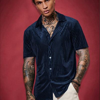 Bon&Bon ModaGents Men's Short Sleeve Red Knitted Button Front Shirt Navy Blue / XL