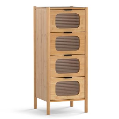 Dressoir met 4 Laden Opbergkast van Bamboe met Gestreepte Laden van Gehard Glas Opbergmeubel in Mid-Century Moderne Stijl