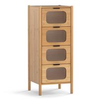 Dressoir met 4 Laden Opbergkast van Bamboe met Gestreepte Laden van Gehard Glas Opbergmeubel in Mid-Century Moderne Stijl