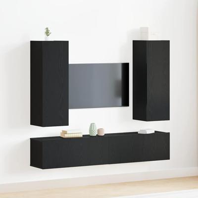 4-delige TV-kastenset, wandgemonteerd, zwart eiken, bewerkt hout
