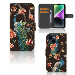 iPhone 15 Telefoonhoesje met Pasjes Pauw met Bloemen