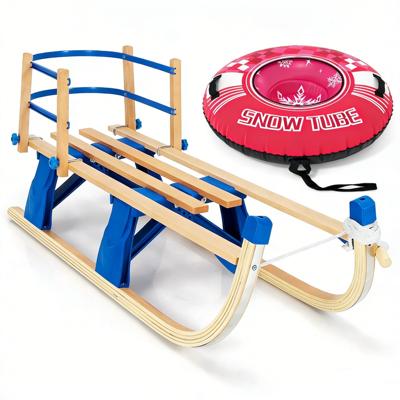 Familie Winterpret Slee Set Opvouwbare Slee met Dubbele Rugleuning en Opblaasbare Sneeuwboei 107cm met Sleepband