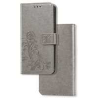 iPhone 14 Pro hoesje - Bookcase - Pasjeshouder - Portemonnee - Bloemenprint - Kunstleer - Grijs - thumbnail