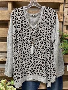 Casual Long Sleeve Color-Block Leopard T-shirt