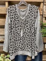 Casual Long Sleeve Color-Block Leopard T-shirt - thumbnail