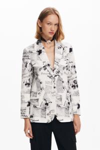 Rechte blazer met tekst en bloemen - WHITE - XL