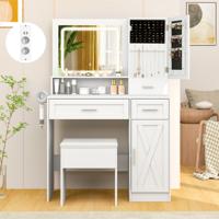 Kaptafel en Krukset Make-Uptafel met 3-Kleuren LED-Spiegel Oplaadstation Sieradenkast en Lades Witte Kaptafel