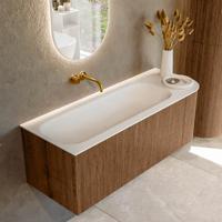 Mondiaz KURVE 125 cm Onderkast Greeploos 1 Lade Met Deuren Walnut, Wastafel Solid Surface Links Talc 0 Kraangaten Zonder Spiegel (KRVBGM125R1L1D0KL-Wal/Tal)