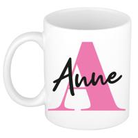 Naam mok Anne - roze - wit - keramiek - 300 ml - verjaardag/cadeau beker