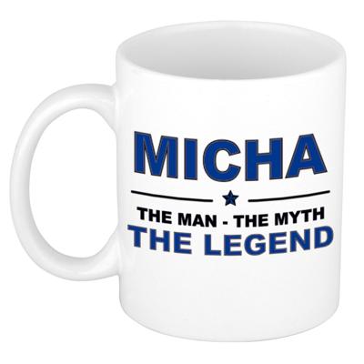 Micha cadeau mok - man myth legend - naam koffiemok / beker - wit en blauw - 300 ml