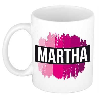 Naam cadeau mok / beker Martha met roze verfstrepen 300 ml
