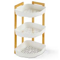 Badkamer douche rekje - 3 laags - hoekmodel - wit - kunststof/bamboe - 29 x 22 x 45 cm