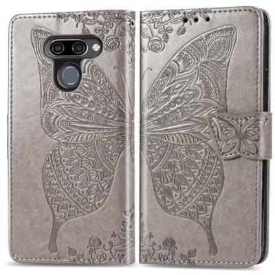 Butterfly Love bloemen reliëf horizontale Flip lederen case voor LG K50 met houder & kaartsleuven & portemonnee & Lanyard (grijs)