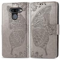 Butterfly Love bloemen reliëf horizontale Flip lederen case voor LG K50 met houder & kaartsleuven & portemonnee & Lanyard (grijs)