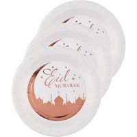 Ramadan thema Eid Mubarak suikerfeest bordjes - 20x - karton - 22 cm - wit/rose goud - thumbnail