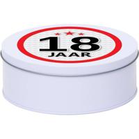 Wit bewaarblik/opbergblik 18 cm met 18 jaar sticker - Cadeaudoosjes - thumbnail