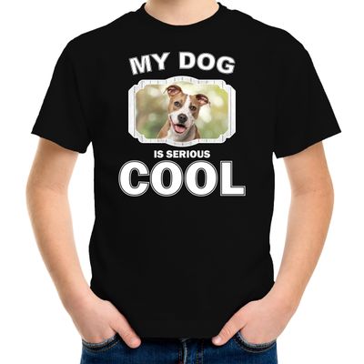 Staffordshire bull terrier honden t-shirt my dog is serious cool zwart voor kinderen Staffordshire bull terrier honden t-shirt my dog is serious cool zwart voor kinderen