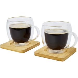 Dubbelwandige koffieglazen/theeglazen 250 ml - set van 8x stuks - met bamboe onderzetters