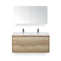 Porto Badmeubelset 120 cm - 2 laden Natuur Eiken - Keramische Wastafel Wit Slim - met Spiegelkast