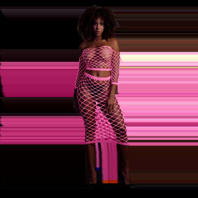 Ouch! by Shots Langarm Crop Top en Lange Rok - One Size - Neon Roze