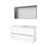 Basic-Line Framed 46 Badkamermeubelset - 120 x 46 cm - Greeploos - 2 Lades - Acryl Wastafel - Zonder Kraangat - Spiegel met Zwart Aluminium Frame - Ice White