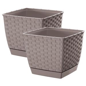 Set van 2x stuks plantenpotten/bloempotten rotan kunststof 14.5 x 14.5 cm en hoogte 12.5 cm taupe/be