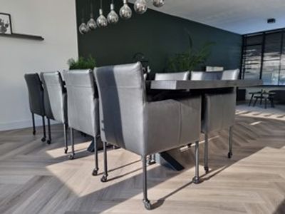 Set van 8 leren kuip eetkamerstoelen - met wieltjes - zwart leer - Echt leer, Modern, ontdek de vele Leersoorten en Kleuren bij ShopX