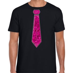 Verkleed t-shirt voor heren - stropdas roze - pailletten - zwart - carnaval - foute party