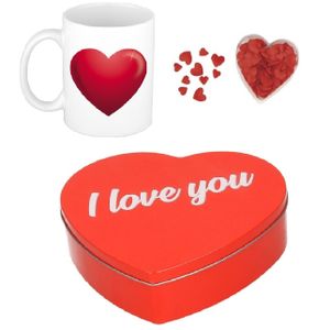 Valentijnsdag cadeau set koffie mok/beker Love hartje met deco strooi hartjes en cadeaublik