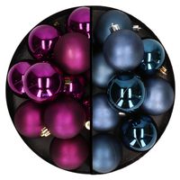 Kerstballen 24x stuks - mix donkerblauw en paars - 6 cm - kunststof - Kerstbal - thumbnail
