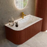 Badmeubel Mondiaz Kurve-Dlux | 95 cm cm | Meubelkleur Ruby | Wastafelkleur Glace | Solid surface | Wasbak rechter zijde spoelbak | 1 kraangat