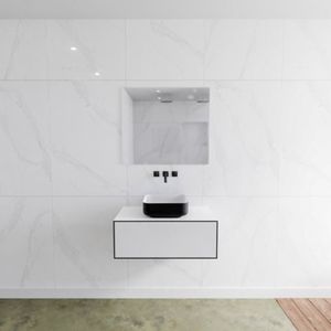 Badkamermeubelset Mondiaz LAGOM 80 cm Topblad met Gecentreerde Wastafel Solid Surface Opzetkom Binx Zonder Kraangat Mat Zwart (1 lade)