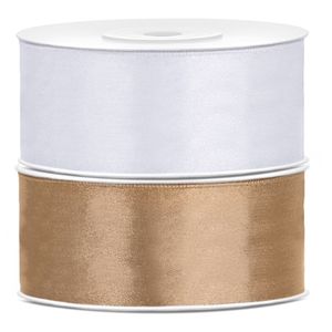 Bellatio decorations 2x rollen satijn sierlint 2.5 cm x 25 meter goud en wit