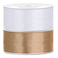 Bellatio decorations 2x rollen satijn sierlint 2.5 cm x 25 meter goud en wit