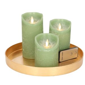 Ronde kaarsenplateau goud van kunststof D27 cm met 3 jade groene LED-kaarsen 10/12,5/15 cm