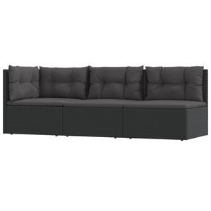 vidaXL 3-delige Loungeset met kussens poly rattan zwart