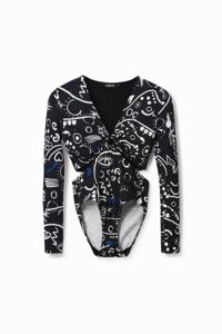 Body met cut-out en print van handmade tekeningen - BLACK - M