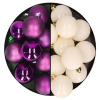Kerstballen 24x stuks - mix wol wit en paars - 6 cm - kunststof - Kerstbal - thumbnail